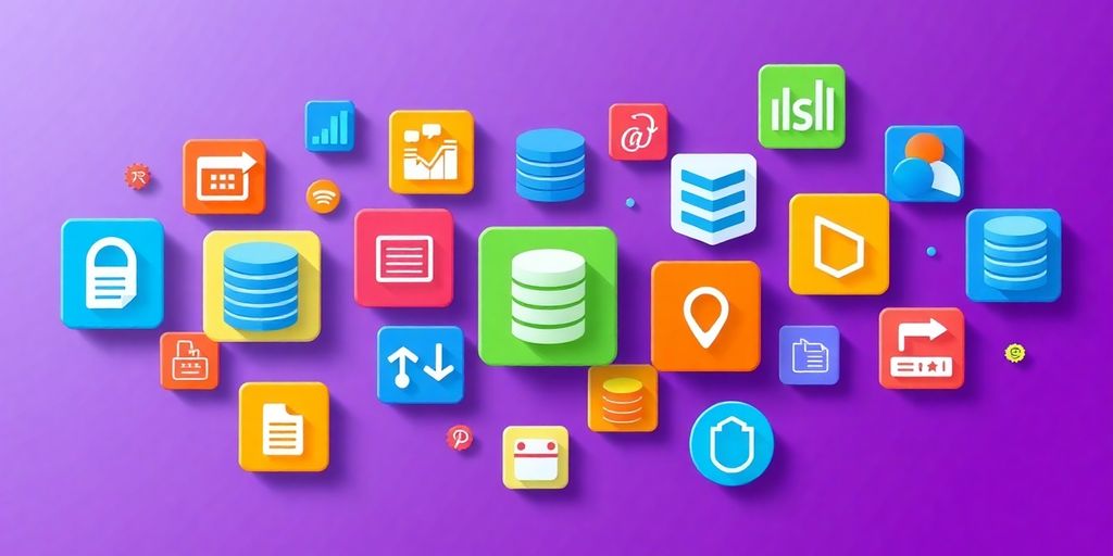 Iconos de diferentes tipos de bases de datos en color.