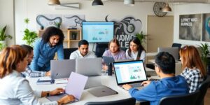 Profesionales colaborando en Odoo en un entorno de trabajo moderno.