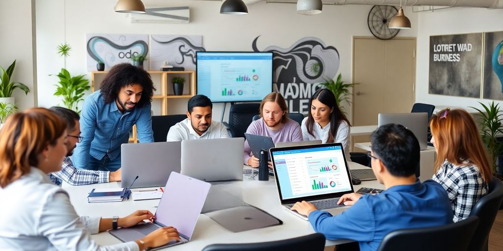 Profesionales colaborando en Odoo en un entorno de trabajo moderno.