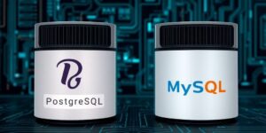 Servidores de bases de datos PostgreSQL y MySQL en una oficina.