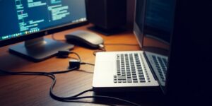 Dos ordenadores conectados por un cable en un escritorio.