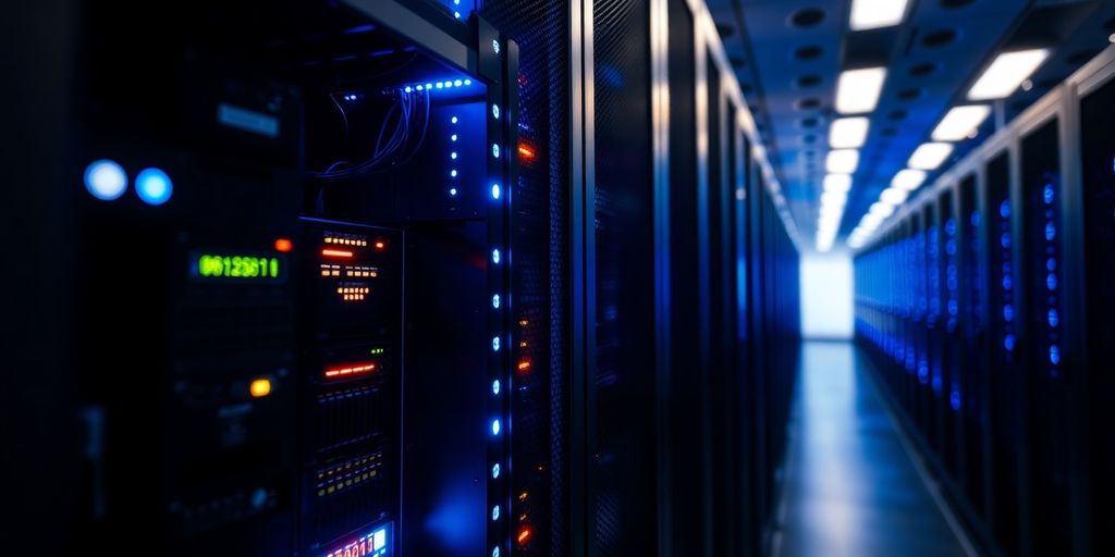 Servidor de base de datos brillando en un centro de datos azul