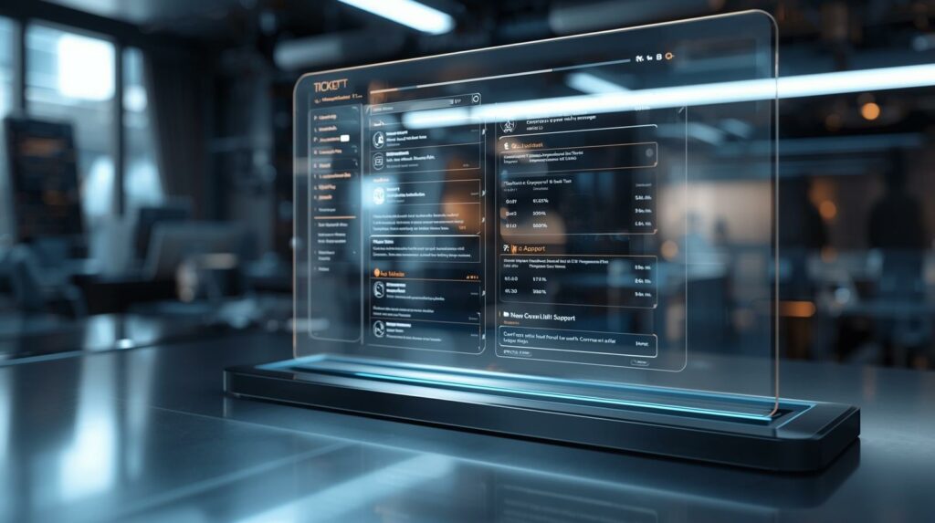 Sistemas de tickets con iconos y mano interactuando.