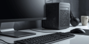 Componentes físicos de computadora: torre, monitor, teclado, ratón.