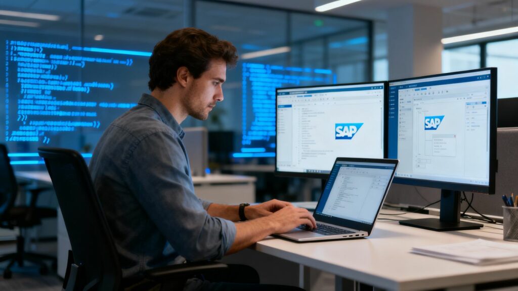 Oficina moderna con pantalla SAP y programador en laptop.