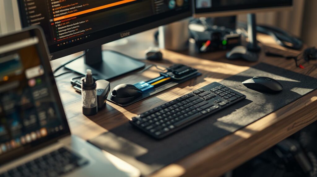 Mesa ordenada con computadora portátil y equipo informático.