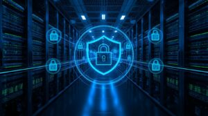 Escudo digital protegiendo una red de dispositivos interconectados.