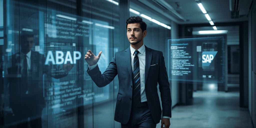 Persona señalando el lenguaje ABAP SAP en holograma