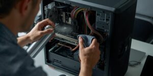 Persona limpiando el interior de una computadora de escritorio.