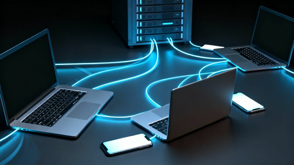 Dispositivos conectados en una red digital.