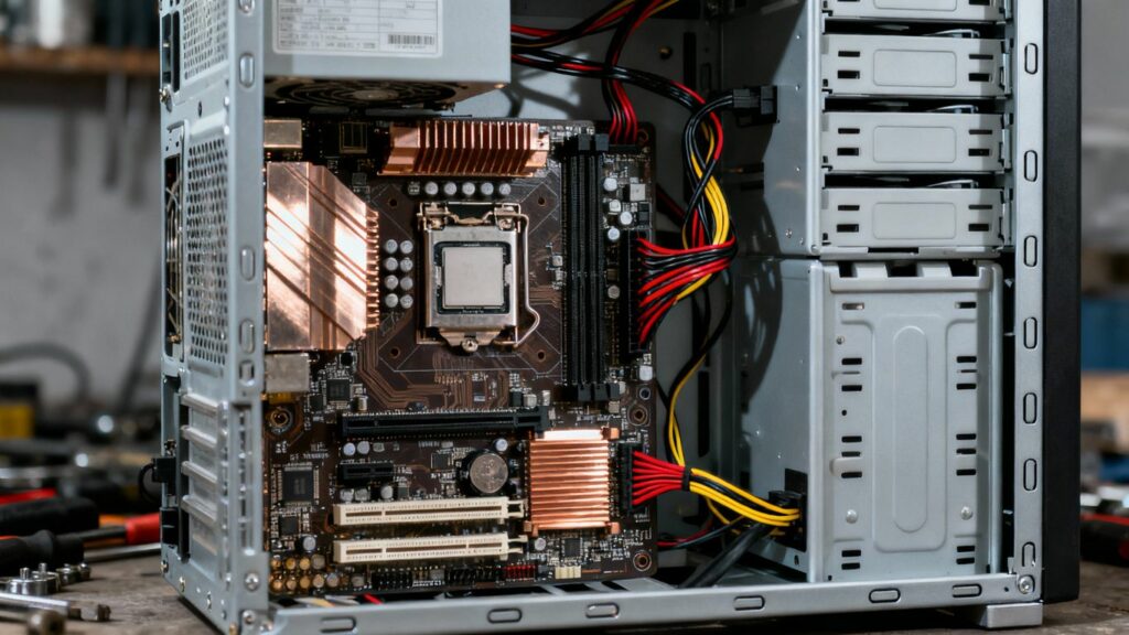 Placa base de un ordenador dentro de la torre.