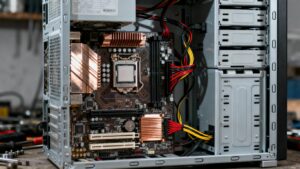 Placa base de un ordenador dentro de la torre.