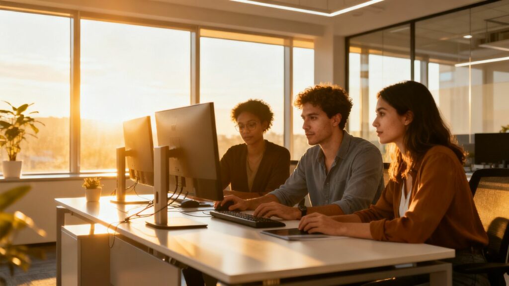 Equipo trabajando en oficina moderna con tecnología avanzada.