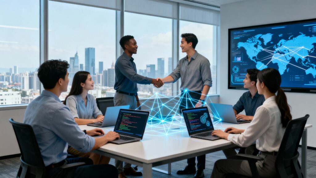 Profesionales colaborando en una oficina moderna con tecnología.