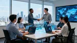 Profesionales colaborando en una oficina moderna con tecnología.