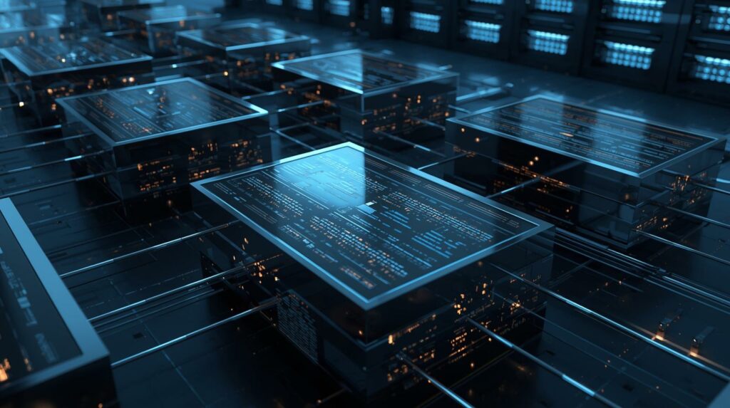 Tablas de bases de datos interconectadas y estructuradas.