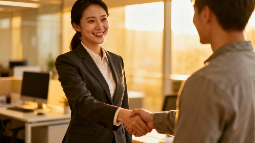 Reclutador y candidato estrechando manos en oficina.
