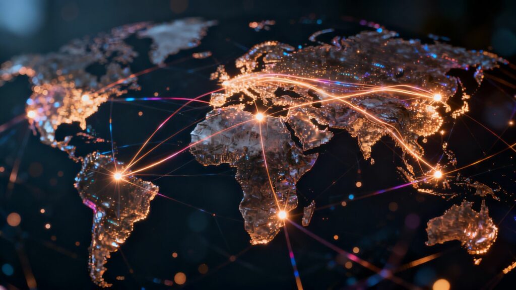 Redes globales de internet con nodos brillantes.