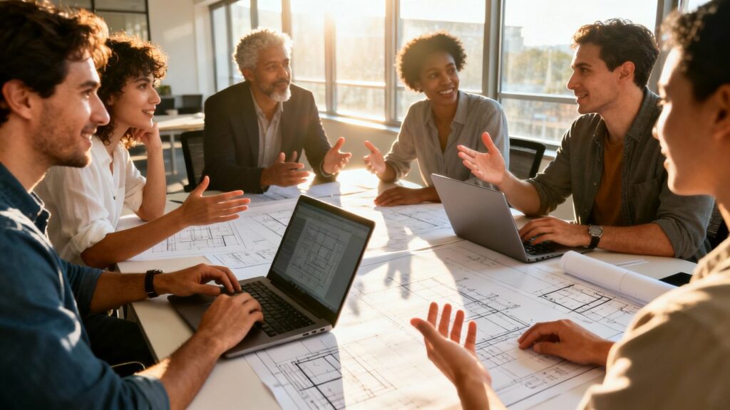 Profesionales colaborando en una oficina moderna con portátiles.