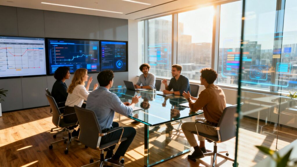 Equipo colaborando en un espacio de oficina moderno.