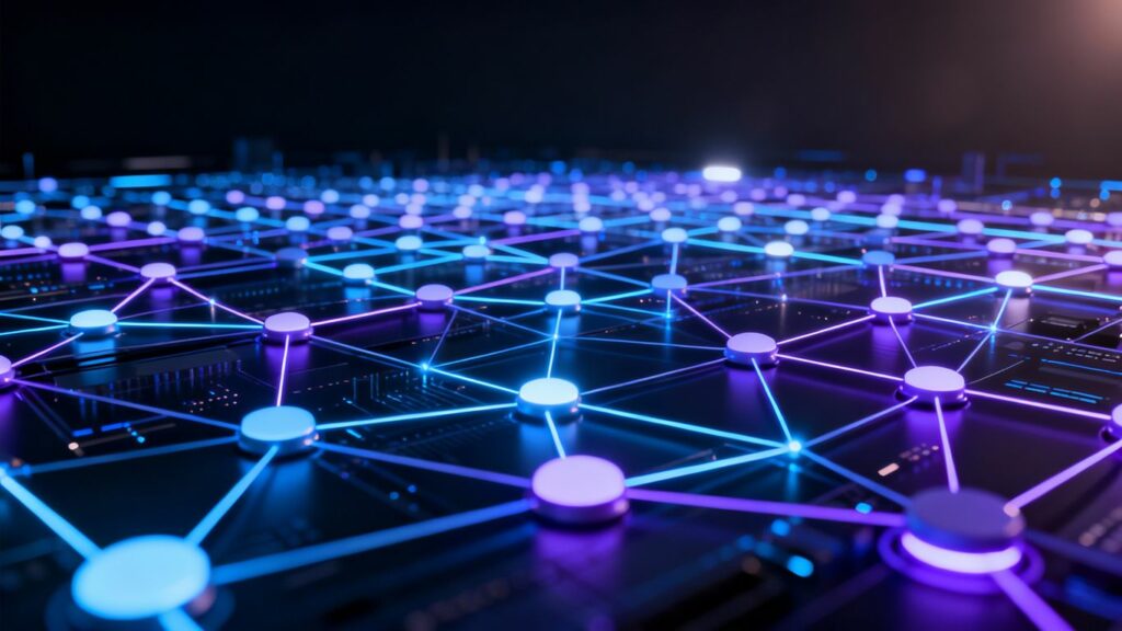 Red de nodos digitales interconectados con líneas de datos.