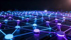 Red de nodos digitales interconectados con líneas de datos.