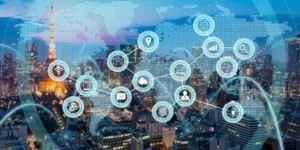 Redes globales de internet con nodos luminosos interconectados.