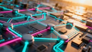 Nodos y caminos interconectados en una red digital.