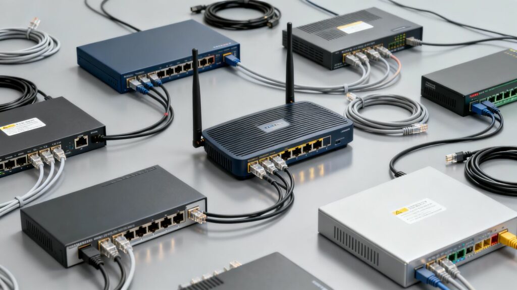 Dispositivos de interconexión de redes y cables.