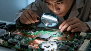 Persona examinando un circuito con lupa.