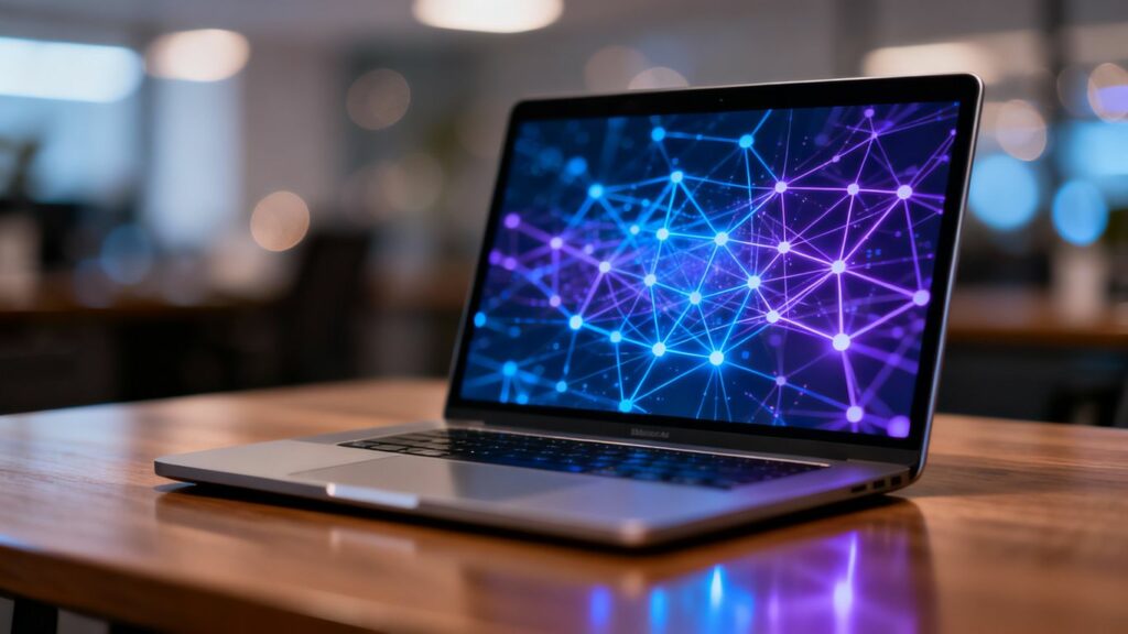 Aplicación web en pantalla de portátil moderno.