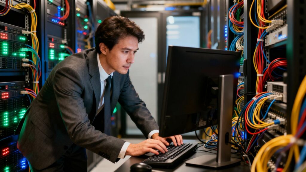 Administrador de sistemas trabajando en sala de servidores.