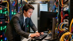 Administrador de sistemas trabajando en sala de servidores.