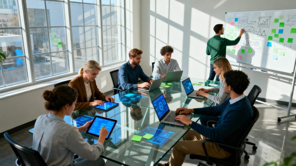 Equipo colaborando en oficina moderna con herramientas digitales.