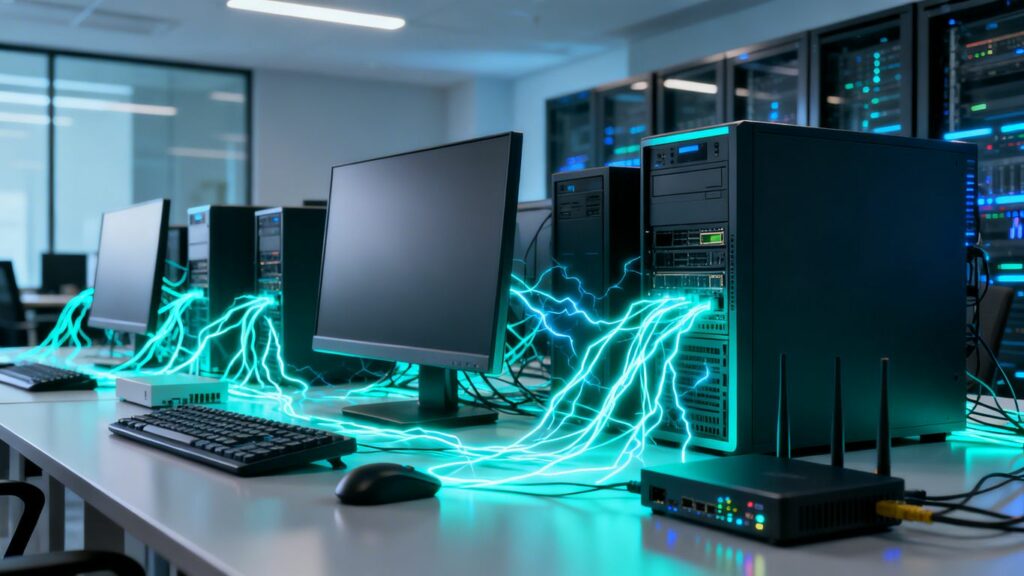 Dispositivos interconectados formando un sistema en red.