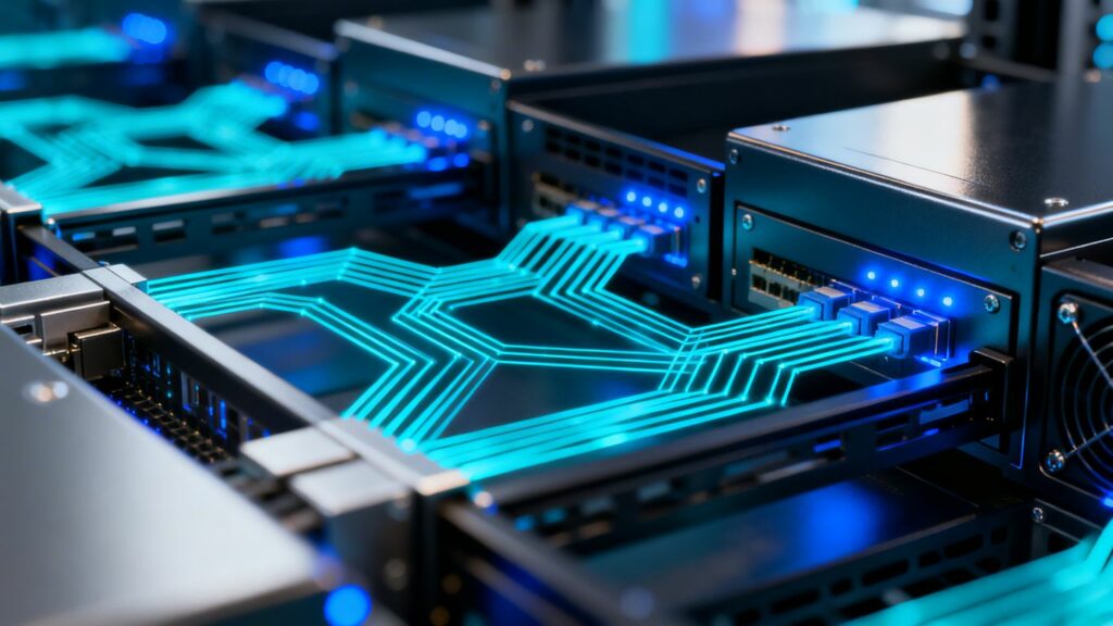 Servidores con conexiones de datos azules interconectadas.