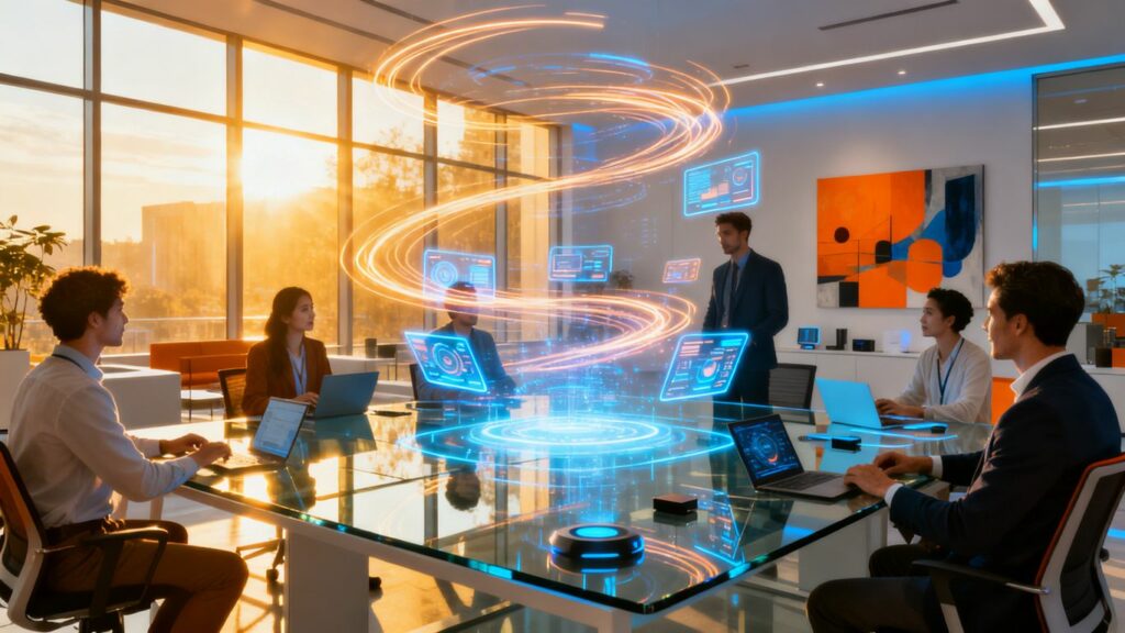 Profesionales colaborando en oficina moderna con tecnología avanzada.