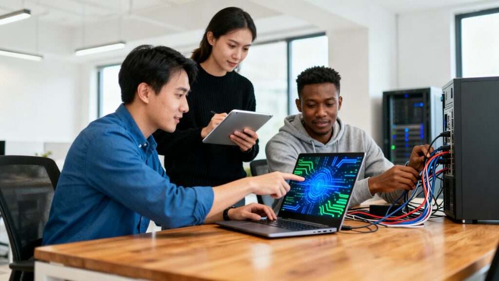 Equipo de soporte técnico trabajando en oficina moderna.