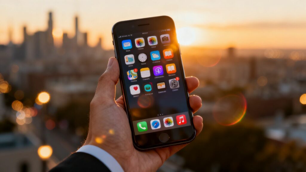 Teléfono móvil con aplicaciones empresariales en pantalla.