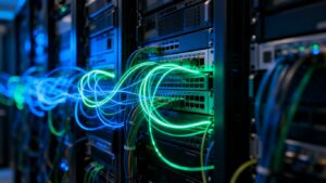 Redes de computadoras interconectadas con luces azules y verdes.