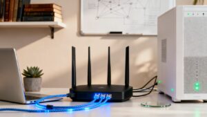 Optimización de red local: router, cables y dispositivos conectados.