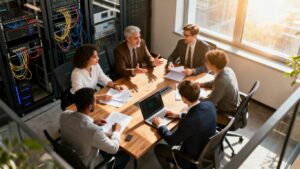 Profesionales colaborando en oficina con infraestructura TI.