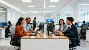 Personas colaborando en un centro de ayuda moderno.