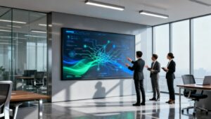 Profesionales colaborando con flujos de datos en pantalla.