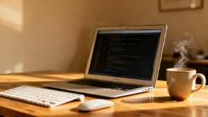 Escritorio con laptop mostrando código y herramientas de programación.