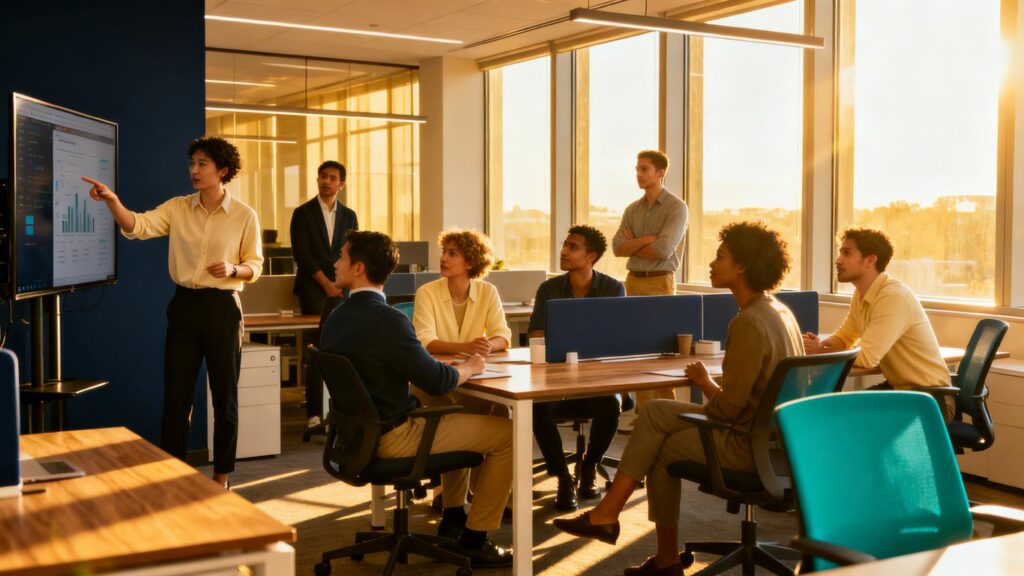 Equipo colaborando en oficina moderna.