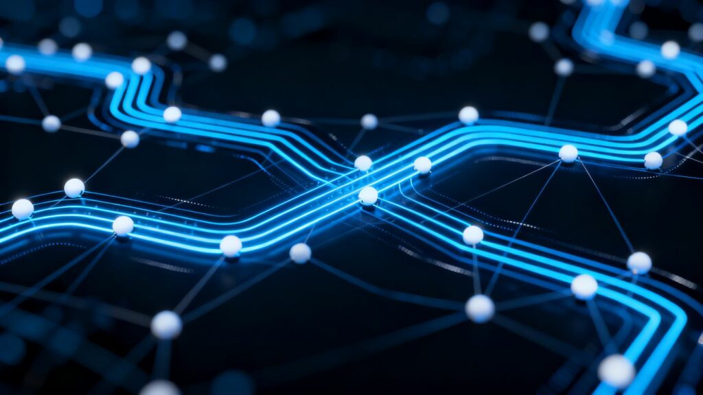 Redes digitales interconectadas con nodos y líneas brillantes.