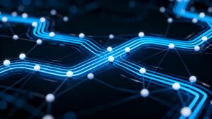 Redes digitales interconectadas con nodos y líneas brillantes.