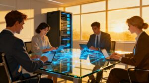 Equipo trabajando con conexiones digitales y servidores.