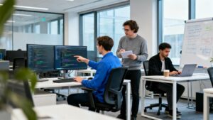 Profesionales de TI trabajando juntos en una oficina moderna.